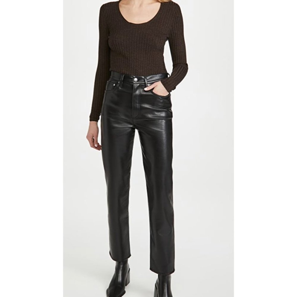 Agolde Recycled Leather 90's Pinch Waist Pants Straight Leg Detox Black Color Sz